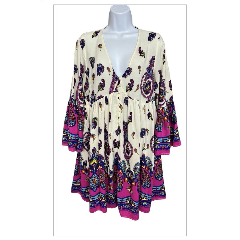 Umgee White Multicolor Paisley Bell Sleeve Flow Top Sz Small Boho Hippie